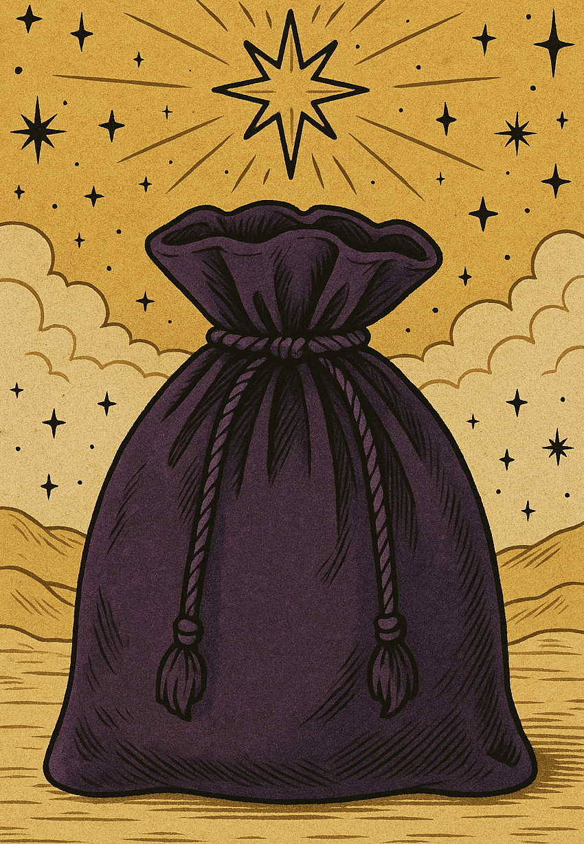 A dark purple drawstring bag sitting on a desert or sandy landscape with stars and a shining star or comet overhead in a mystical or fantasy style.