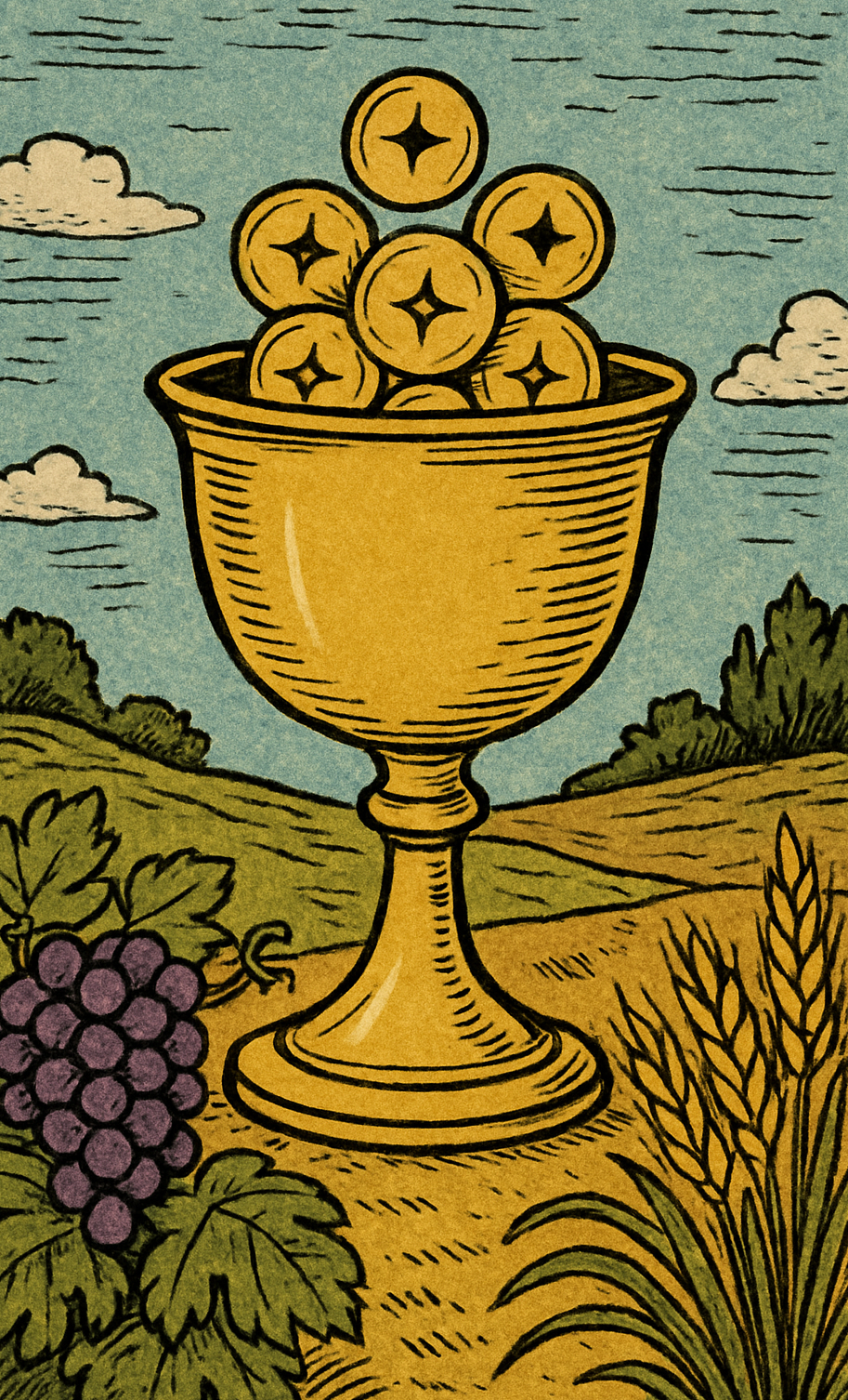Illustration of a chalice filled with gold coins, set against a landscape with green plants, a blue sky, and clouds.