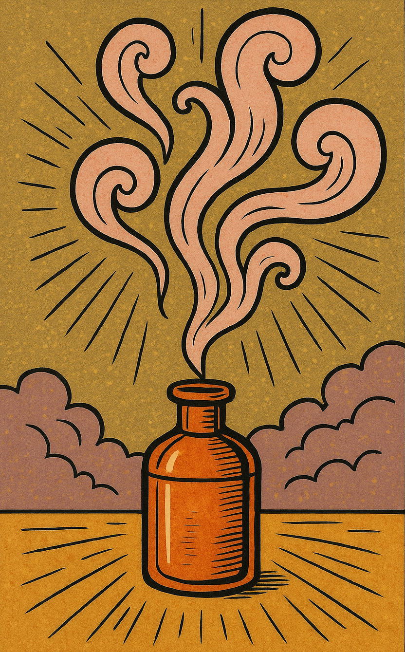 An illustration of a brown bottle emitting swirling pink smoke, with clouds and rays in the background.