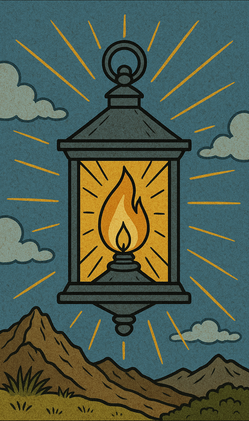 A stylized illustration of a lantern with a glowing flame inside, emitting light rays. The background features a mountain landscape with clouds and a blue sky.