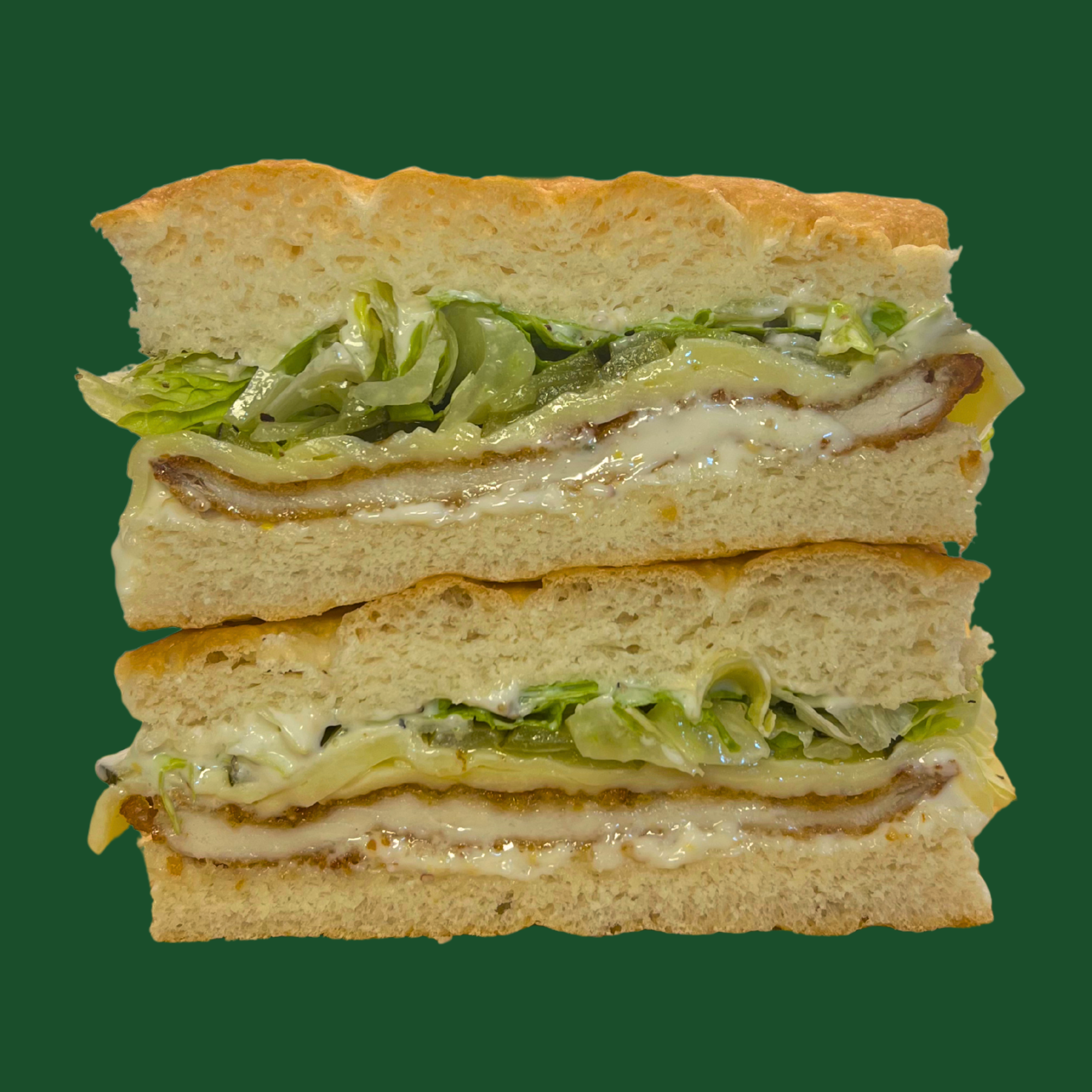 Josh's Pick - chicken schnitzel, dill pickles, shredded iceberg,
provolone cheese & garlic aioli on fresh focaccia (add plant based schnitzel $2)