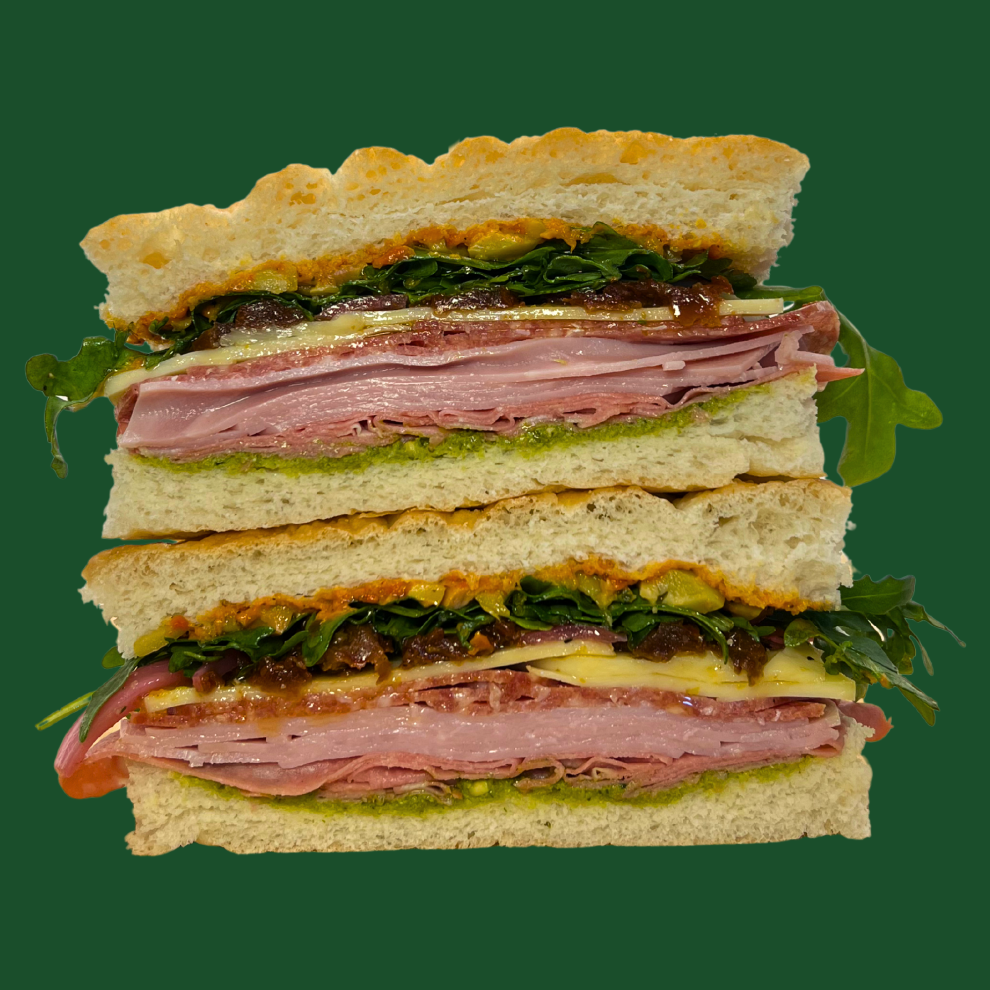 The 97 - mortadella, salami, ham, green split olives, basil
pesto, ajvar, pickled onion, provolone cheese,
sundried tomatoes & rocket on fresh focaccia
