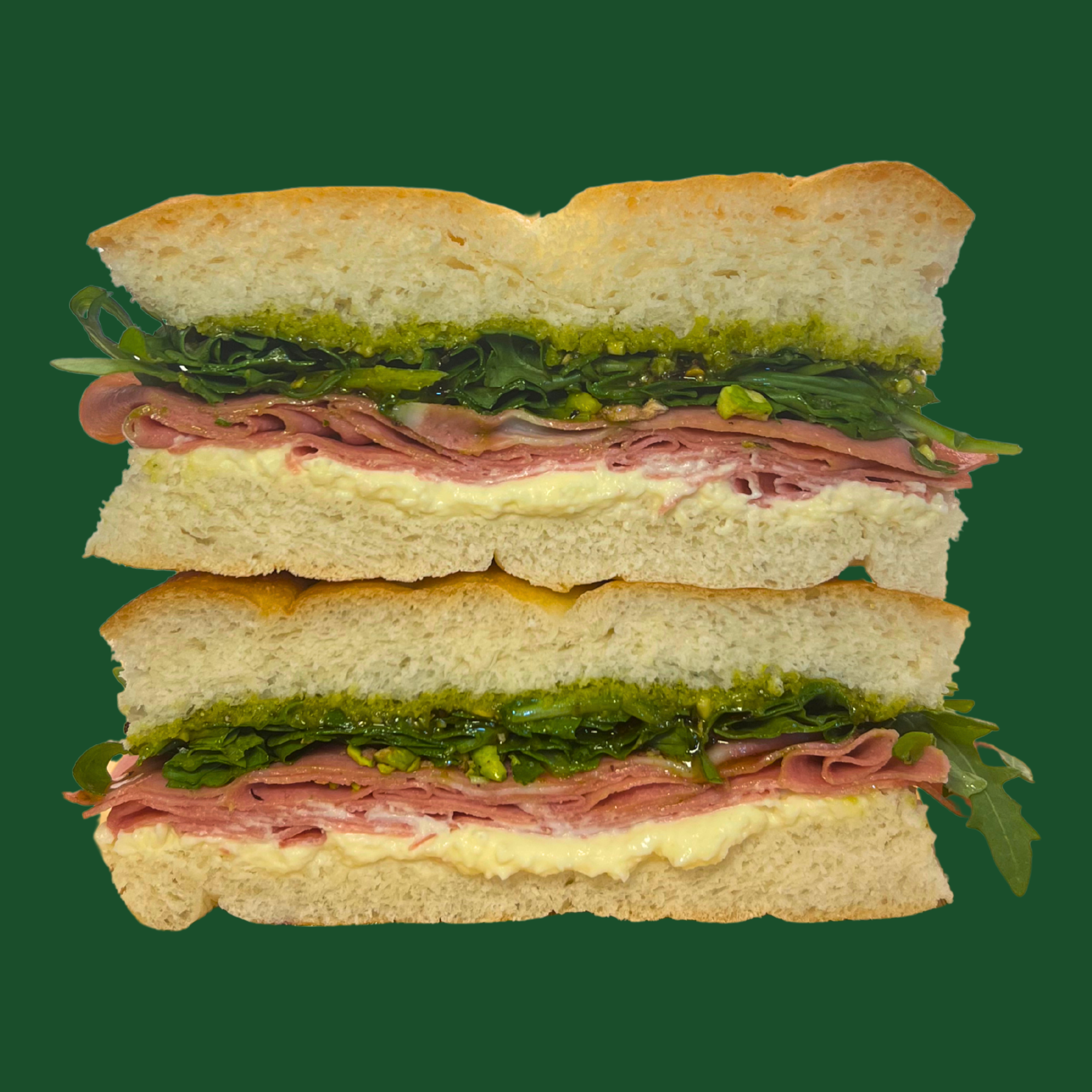 Mortabella - mortadella, stracciatella, rocket, basil pesto, hot 
honey, crushed pistachios on fresh focaccia