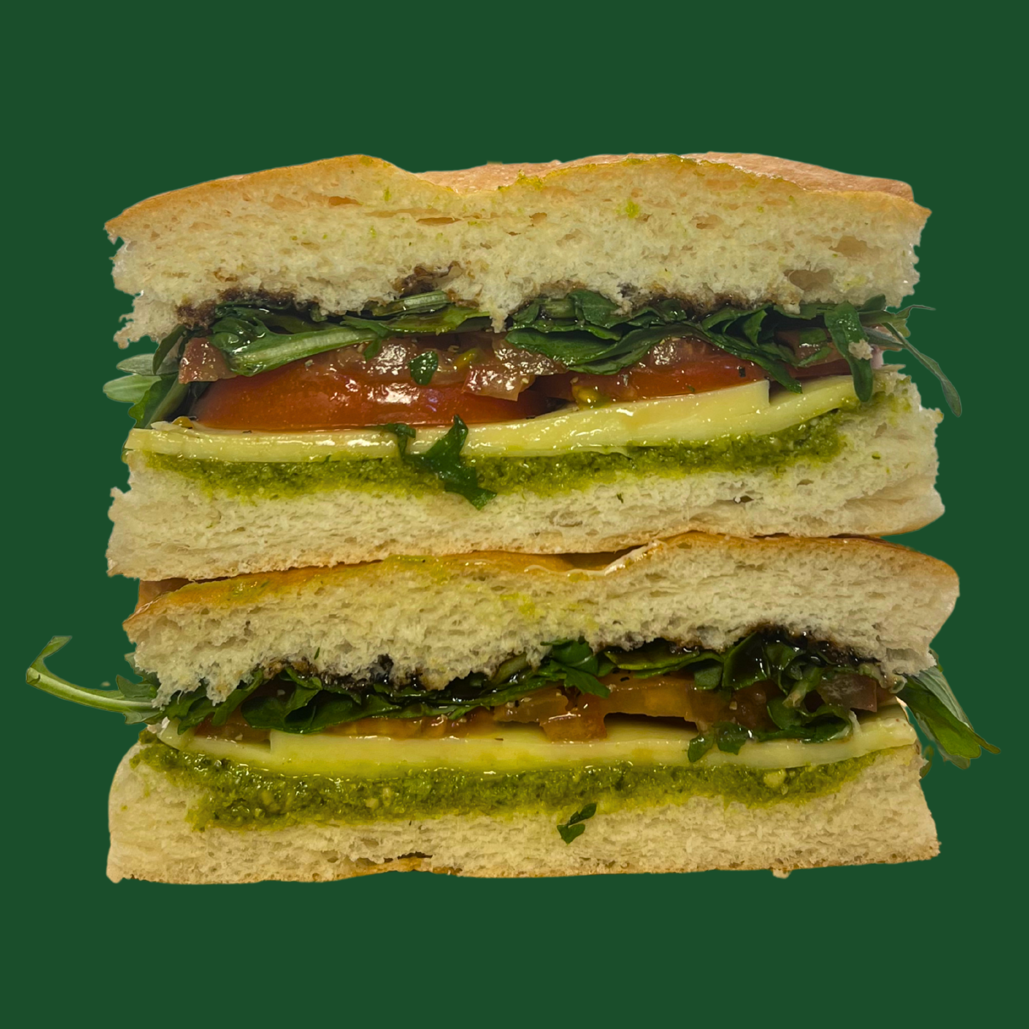 Caprese - mozzarella, tomato, rocket, fresh basil, basil pesto & balsamic glaze on fresh focaccia