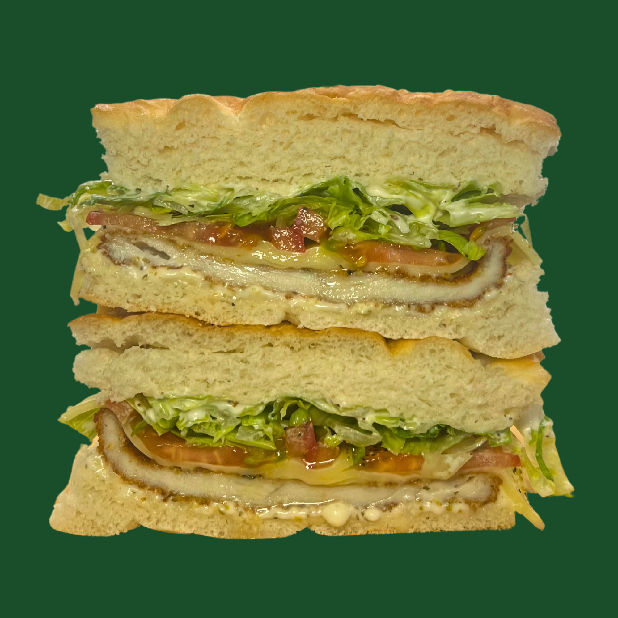 Garden of Aeden - chicken schnitzel, provolone cheese, tomato, lettuce & zesty mayo on fresh focaccia