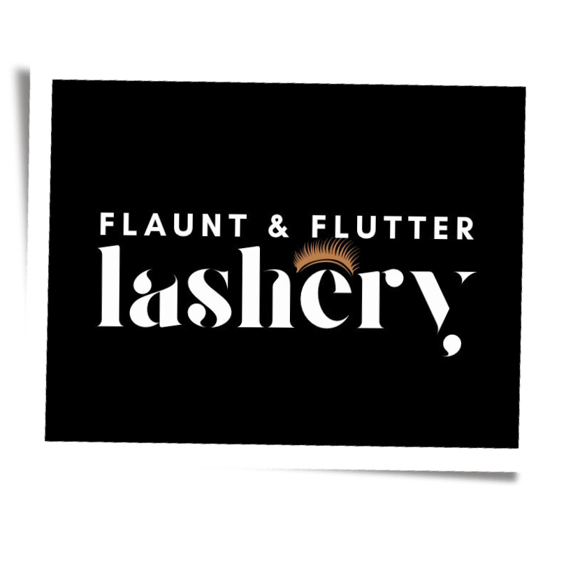 Official polaroid style logo for Flaunt and Flutter Lashery boutique lash extension studio in York PA