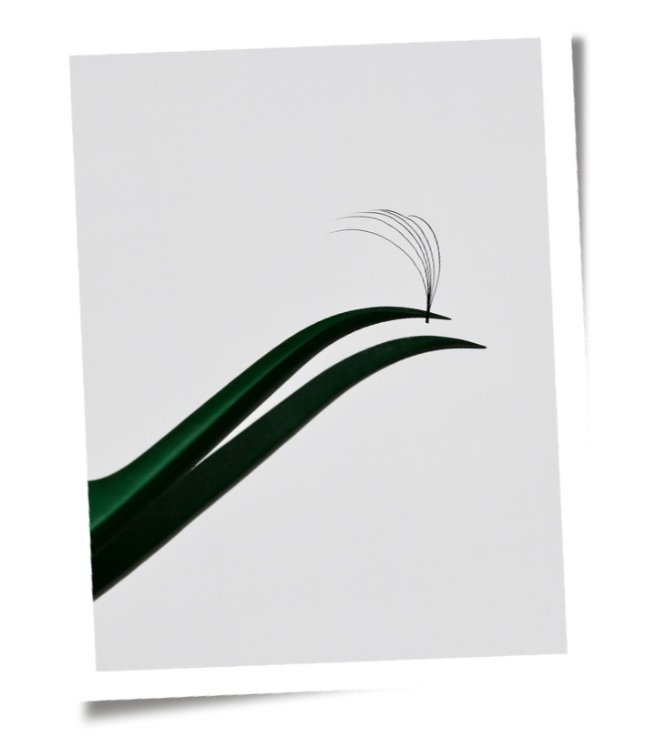 Close-up polaroid photo of premium lash extension tweezers holding a lash fan at Flaunt and Flutter Lashery in York PA