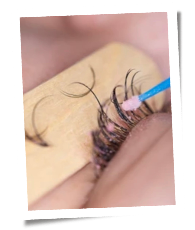 Polaroid graphic showing a gentle and damage-free eyelash extension removal procedure at Flaunt and Flutter Lashery in York PA