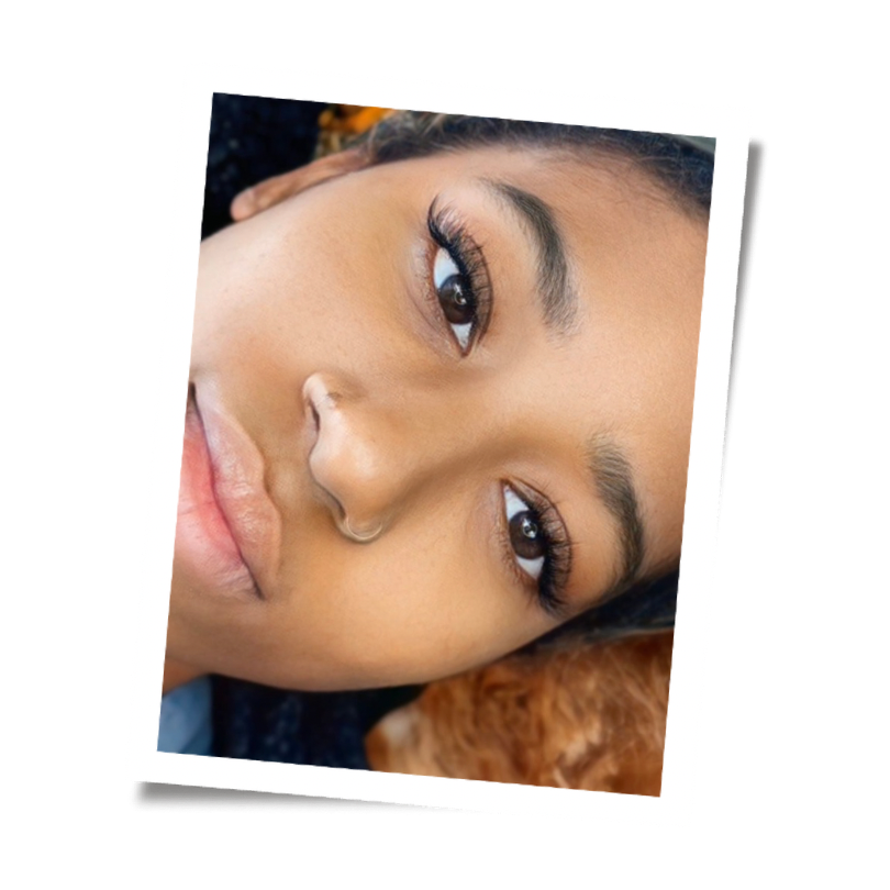 Close-up polaroid photo of a young woman showcasing the custom Flutter Set lash extensions by Flaunt and Flutter Lashery in York PA