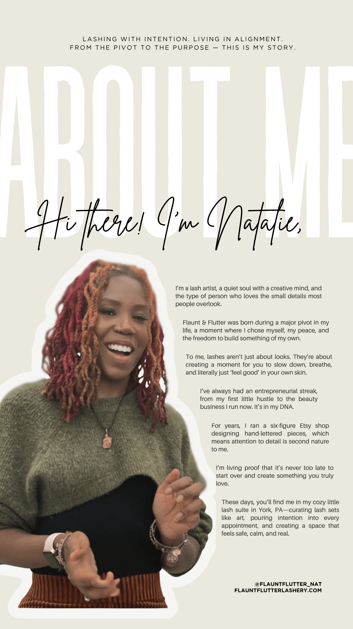 A welcoming website introduction for Natatie, a lash artist, with a large portrait of her smiling. She has red and orange dreadlocks and is wearing a green sweater with jewelry. The page includes her biography and contact information.