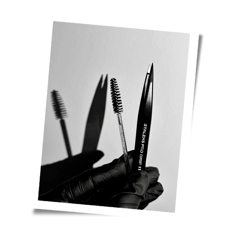 Polaroid graphic showing professional lash extension tweezers and a lash wand brush for standard 2-3 week maintenance at Flaunt and Flutter Lashery in York PA