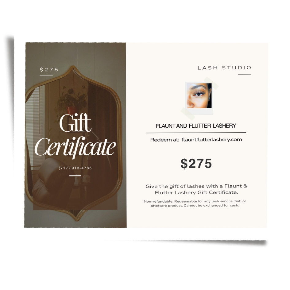 A digital gift certificate preview valued at $275 for custom eyelash extensions and lash services at Flaunt and Flutter Lashery in York PA