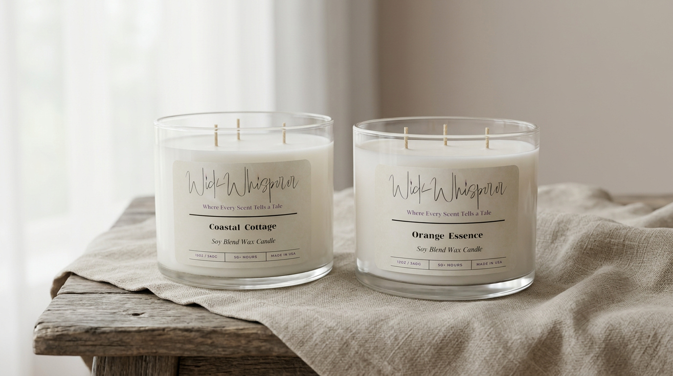 Two white soy blend wax candles in clear glass containers with labels, placed on a wooden surface with a beige cloth. One labeled 'Coastal Cottage' and the other 'Orange Essence'.