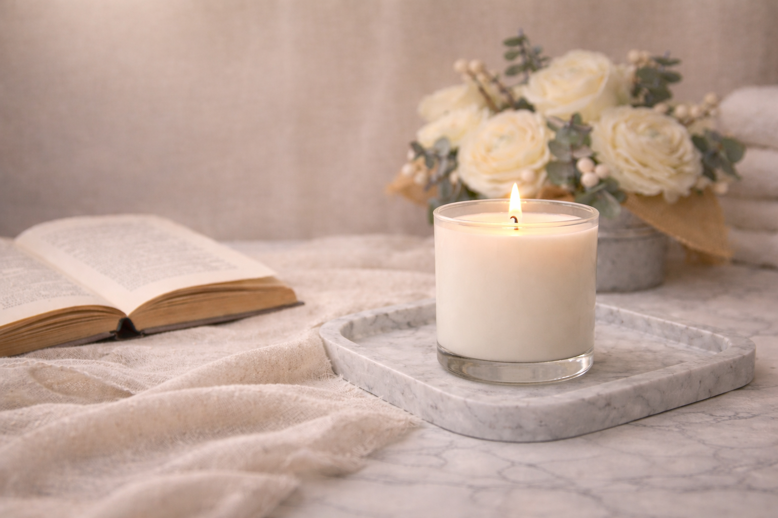 An open book, a lit white candle in a glass holder on a marble tray, and a bouquet of white flowers in a gray pot on a beige cloth surface.
