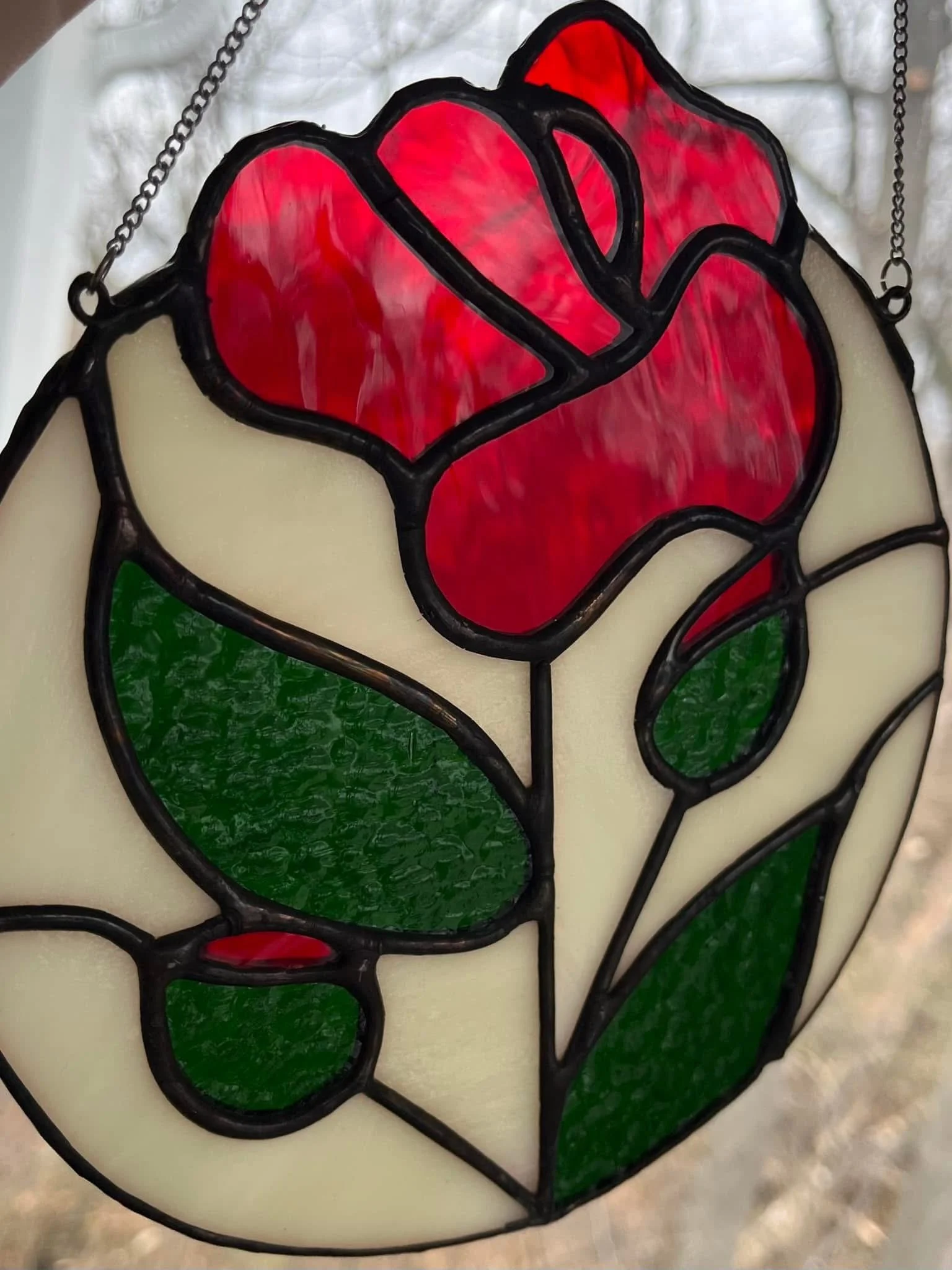 Vintage Inspired Red Rose Stained Glass Suncatcher