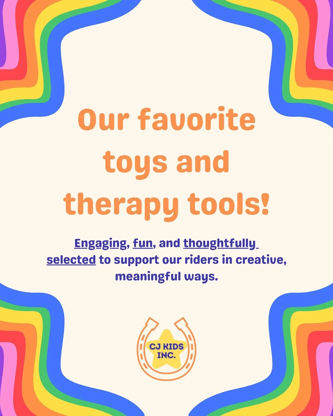 These aren&rsquo;t just toys - they&rsquo;re tools for growth. 🐴 🧠 

At CJ Kids Inc., we integrate thoughtfully selected games and toys into each equine-assisted session. By combining the movement, rhythm, and environment of the horse, these tools 