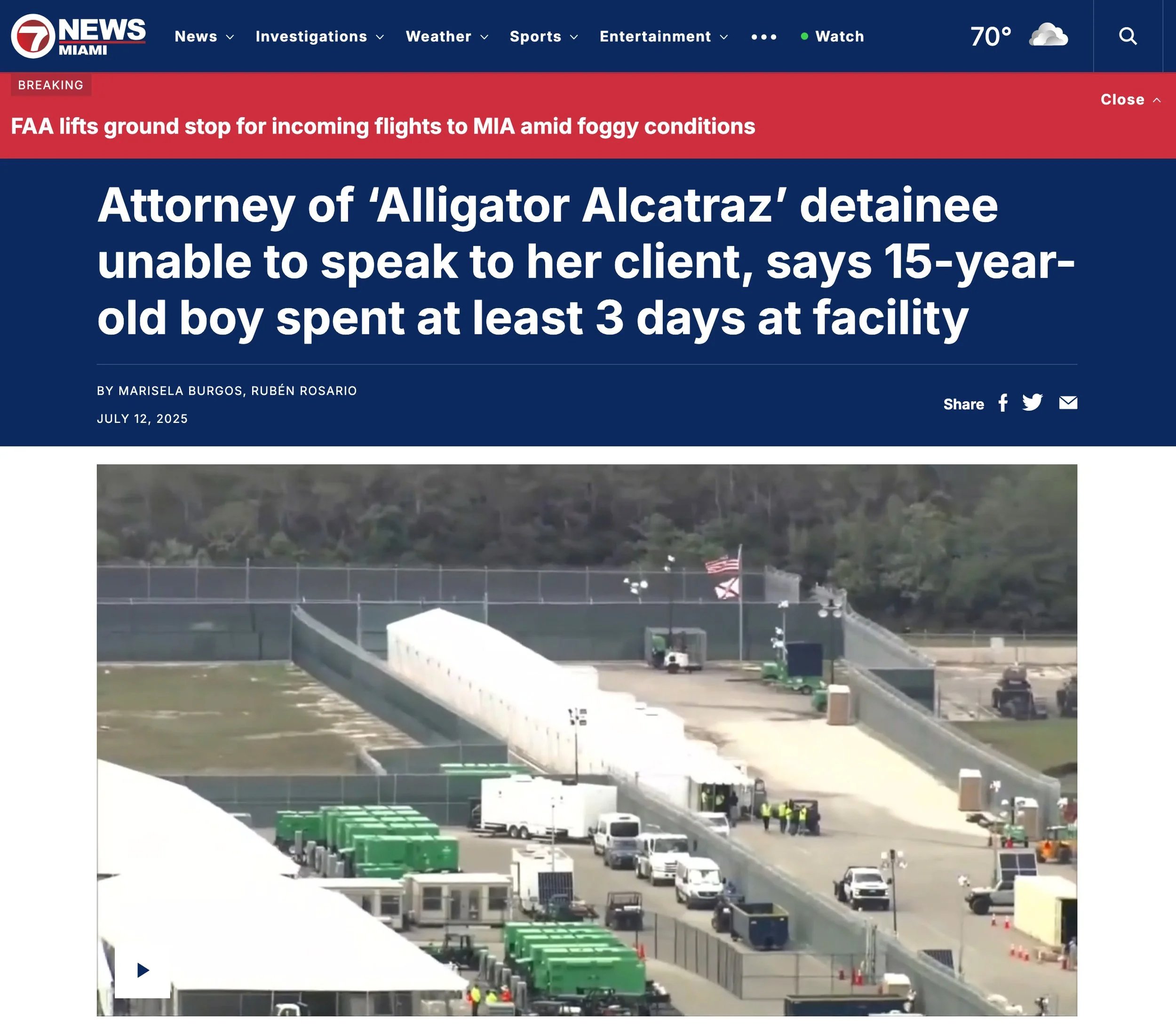 Attorney of ‘Alligator Alcatraz’ detainee unable to speak to her client, says 15-year-old boy spent at least 3 days at facility | 7 News Miami