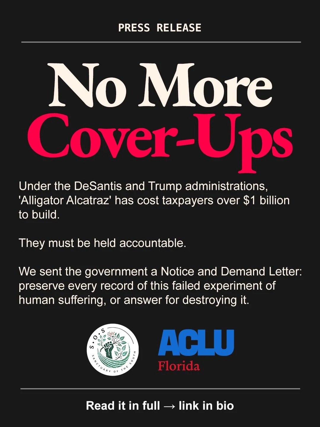 No More Cover-Ups: Sanctuary of the South and ACLU of Florida Demand Accountability for Brutal Assaults at "Alligator Alcatraz"
