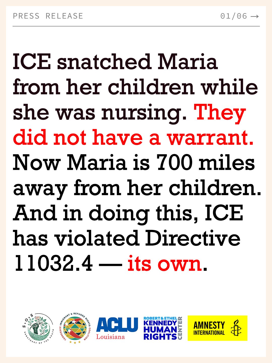 Nursing Mother of Two Arrested Without Warrant by ICE, Held 700 Miles From Her Children in Violation of the Agency's Own Policy