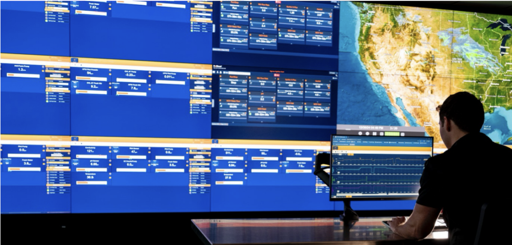 Remote process monitoring center displaying live operating data from multiple field systems.