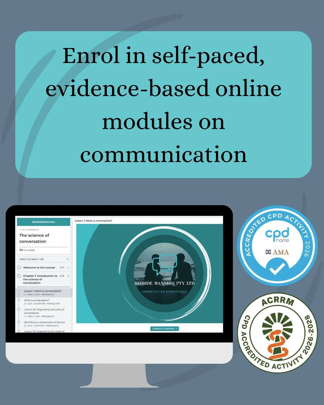 Check out our CPD accredited modules today. We offer modules on the science of conversation, on healthcare interactions, and on how to improve communication through reflection.
https://bedsidemanners.thinkific.com/