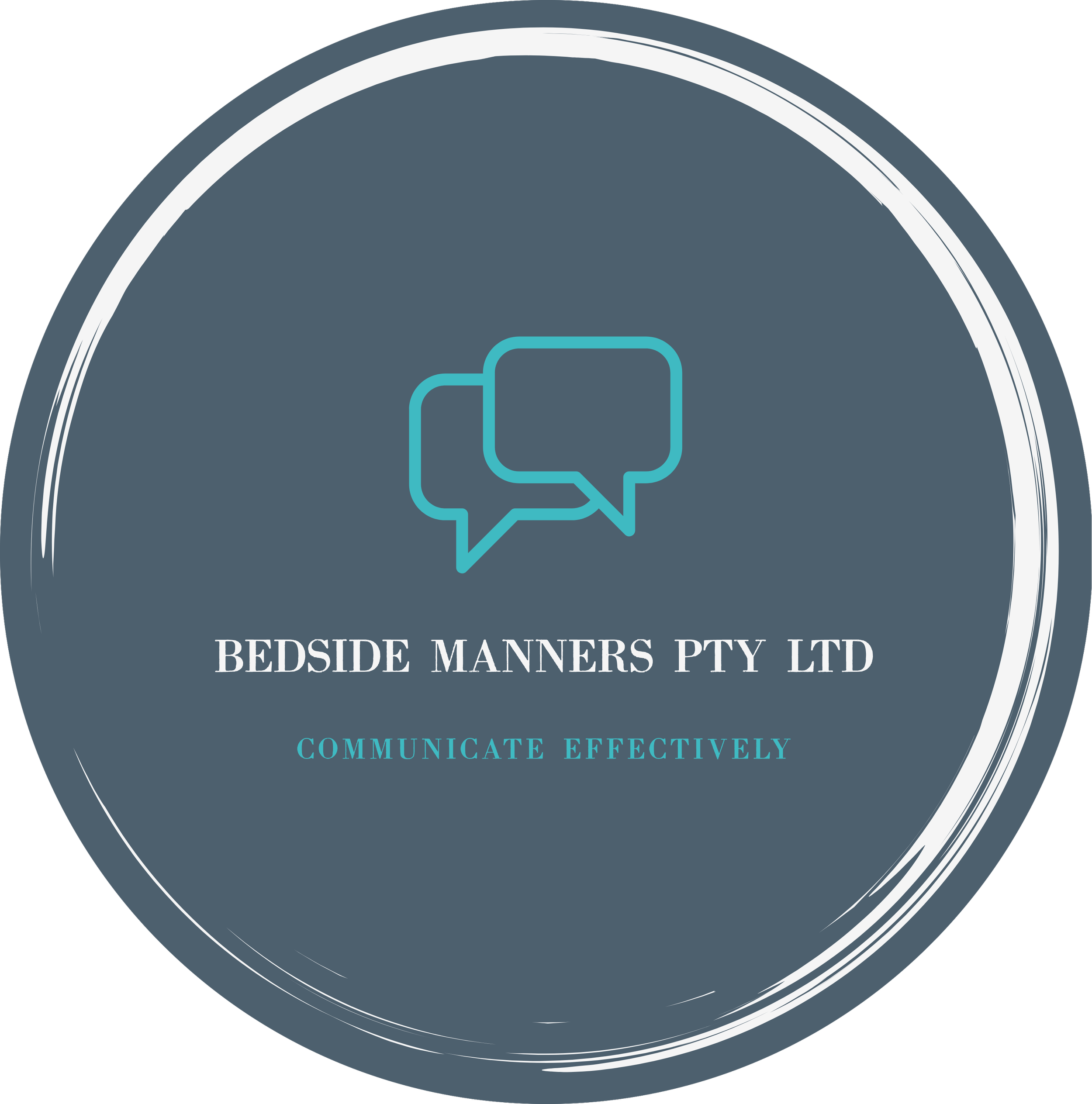 Business card for Bedside Manners Pty Ltd with logo of two speech bubbles and the tagline "Communicate Effectively" on a gray background.