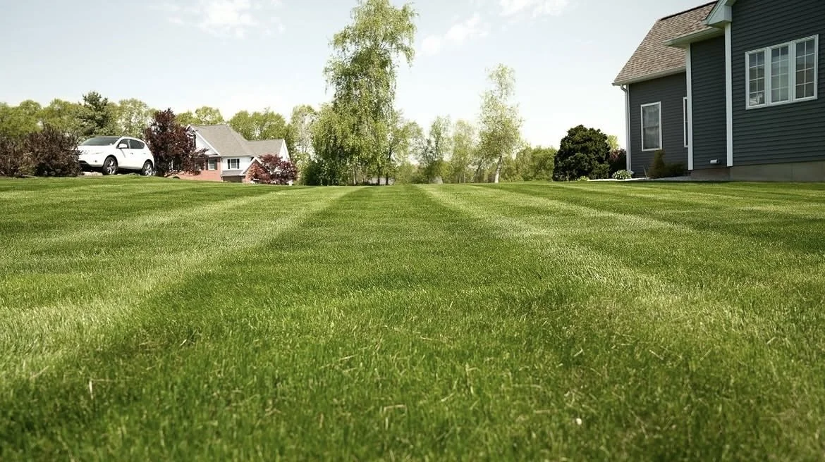 Well-maintained green lawn in a suburban neighborhood with houses, trees, and a clear sky in the background