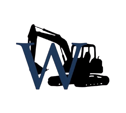 A construction excavator behind two large blue letters 'W' and 'V'.