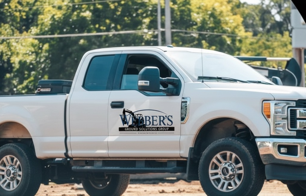 White pickup truck with a company logo on the door that reads "WARBERS Ground Solutions Group" and features an illustration of a dog. The truck is parked outdoors with trees in the background.