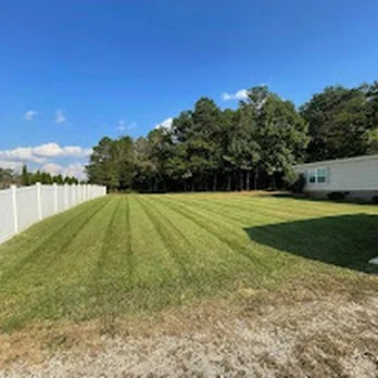A backyard with a well-maintained grass lawn, a white privacy fence on the left, a row of trees in the background, a mobile home on the right, and a clear blue sky.