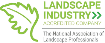 Logo of the Landscape Industry, featuring a green leaf outline and text indicating it's accredited by a company, with additional text referencing the National Association of Landscape Professionals.