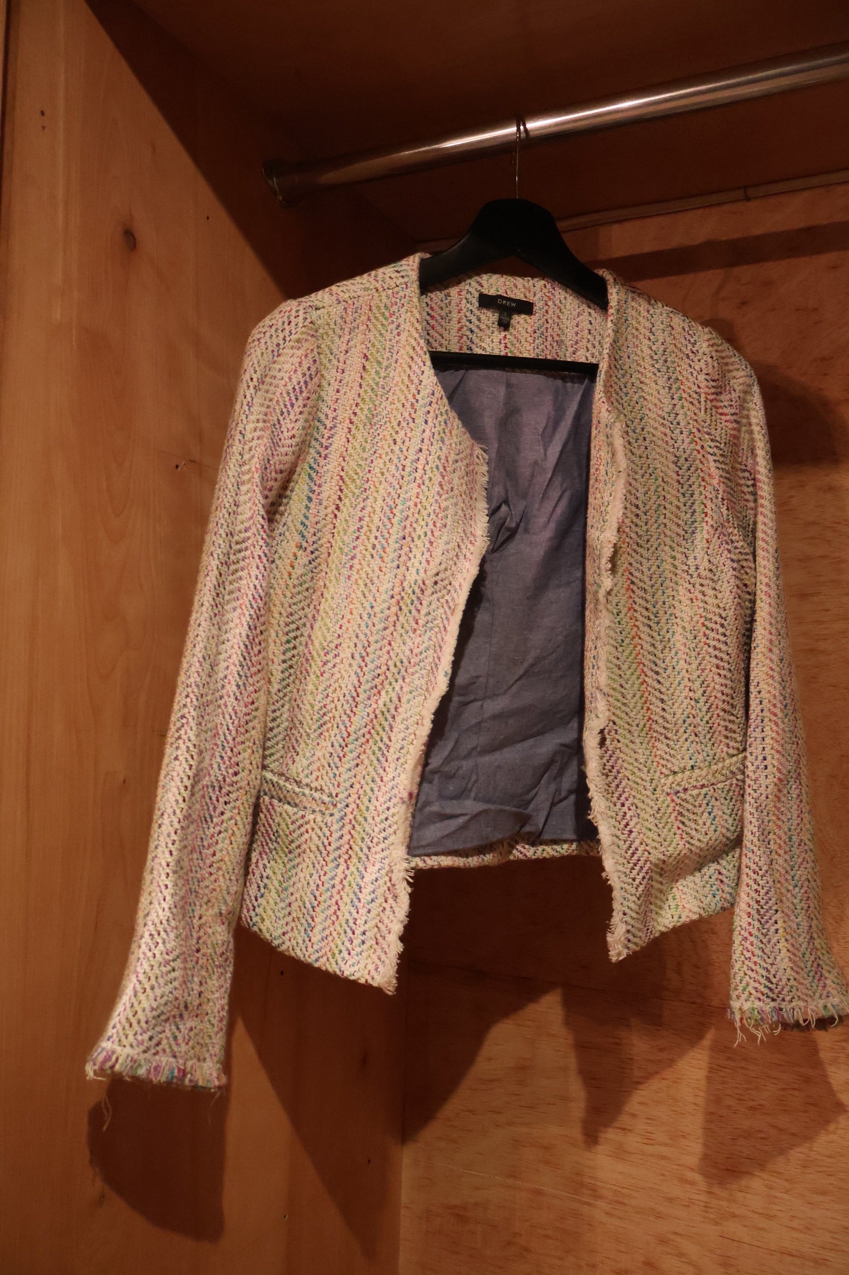 Pastel & Cream Fringed Tweed Open Blazer Size Small by Drew
