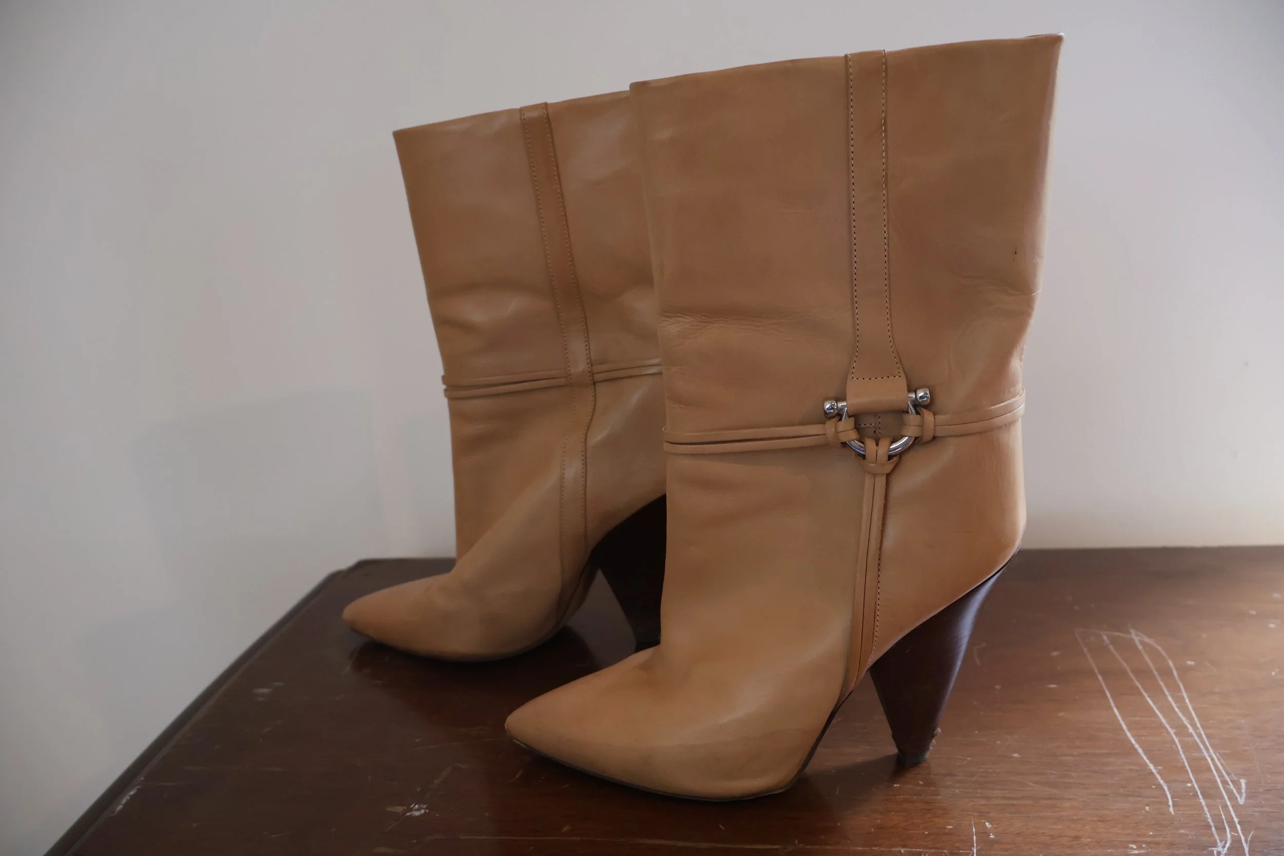 Isabel Marant camel leather boots with wooden triangular heel