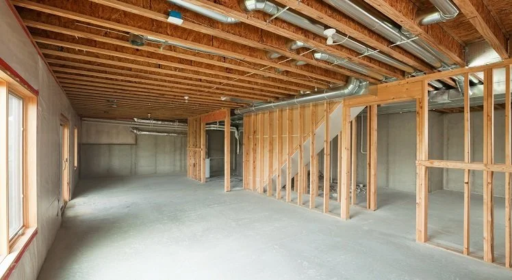 unfinished basement with exposed wooden framing, ceiling ducts, and concrete floor