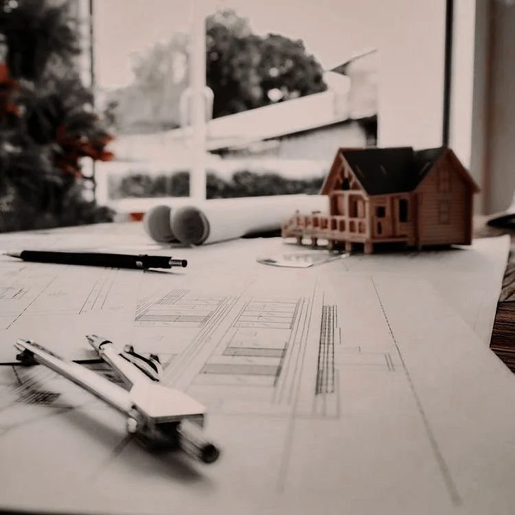 Architectural blueprints on a desk with a black pen, a scale ruler, a small wooden house model, and rolled-up blueprints, with a window in the background.