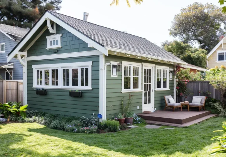 A small green house with white trim and a deck, surrounded by a garden and lawn.