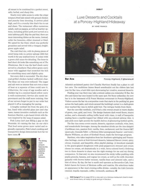 Top-down view of a whole branzino and Thai dishes at Pink Lotus Thai Restaurant with colorful interior details and decorative elements in Atlanta