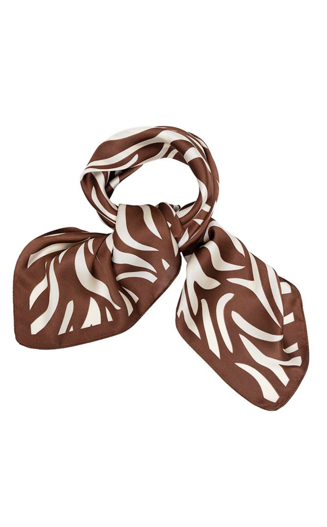 Brown and white patterned silk scarf tied in a knot on a white background.