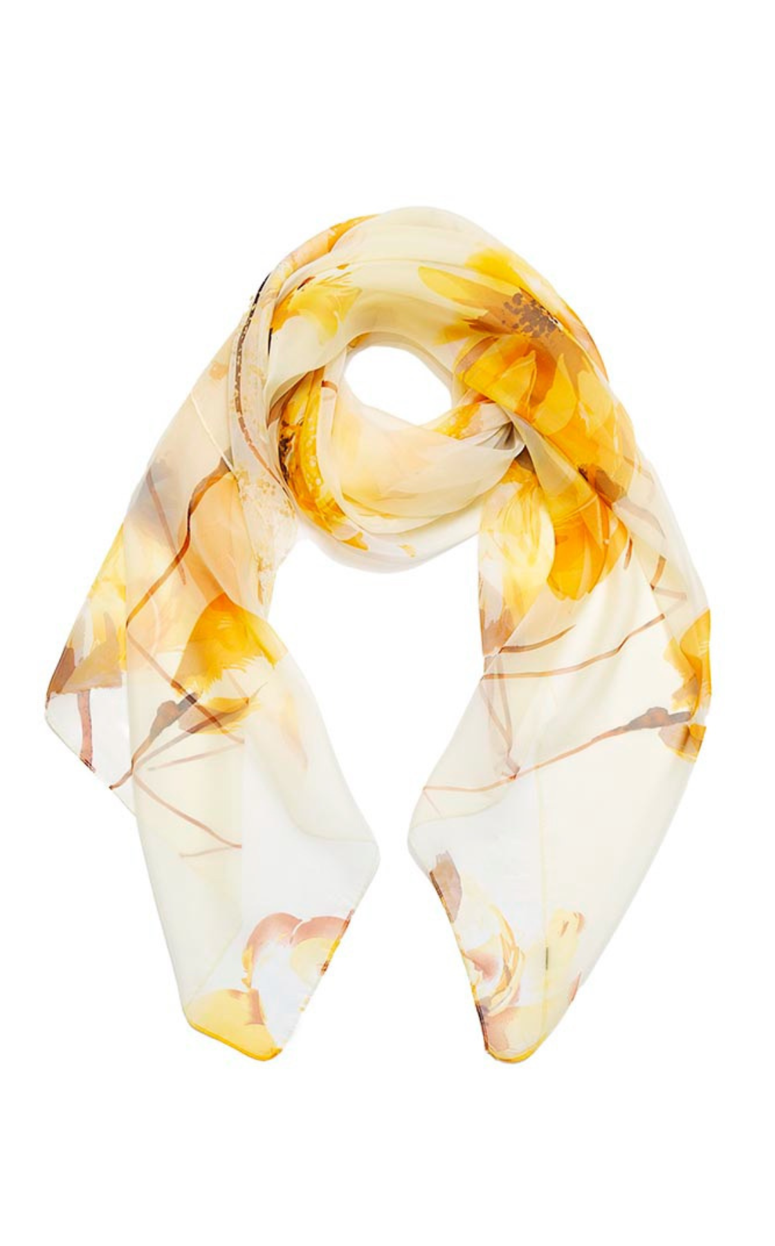 A silk scarf with a yellow floral pattern.