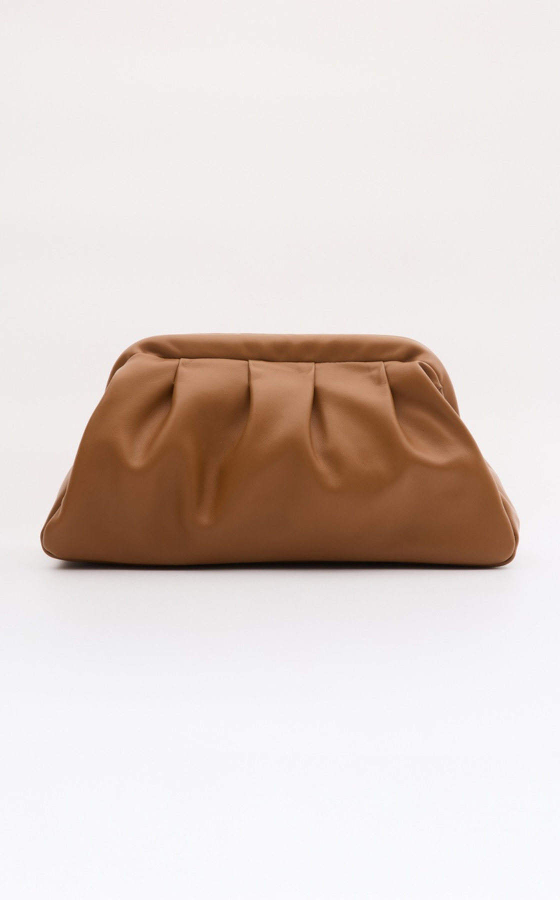 A brown leather clutch purse with gathered detailing, set against a plain white background.