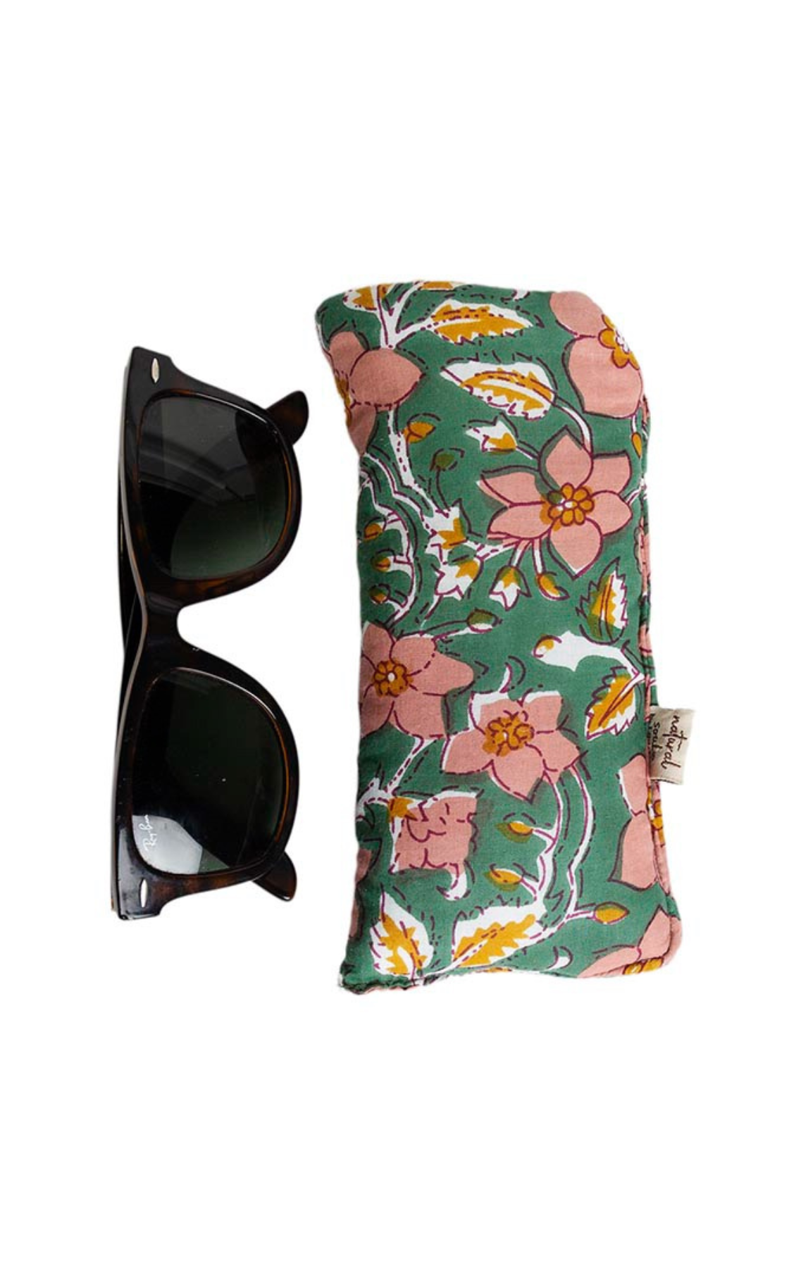 Sunglasses and a floral-patterned cloth pouch on a white background.