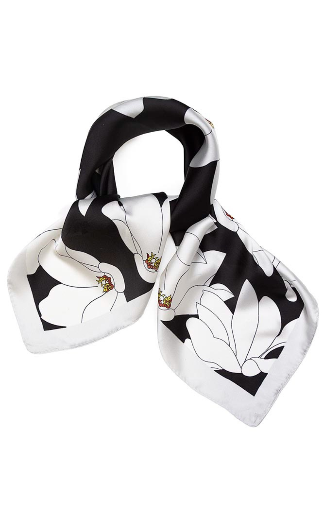 Black and white floral patterned scarf with fabric looped to resemble a necktie.