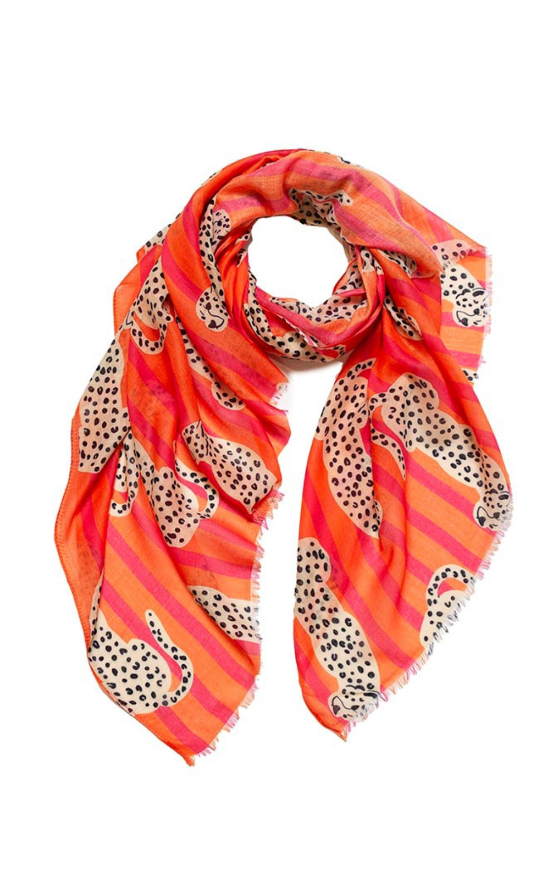 Orange scarf with black spotted leopard print pattern and pink and orange stripes, draped in a circular shape.