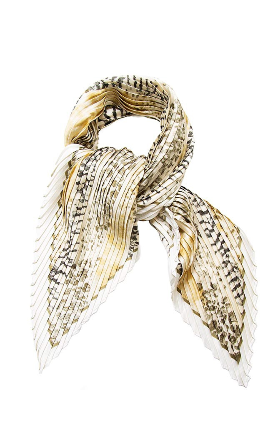 An abstract sculpture resembling a pair of wings made from layered, pleated, and patterned materials in shades of beige, white, and black.