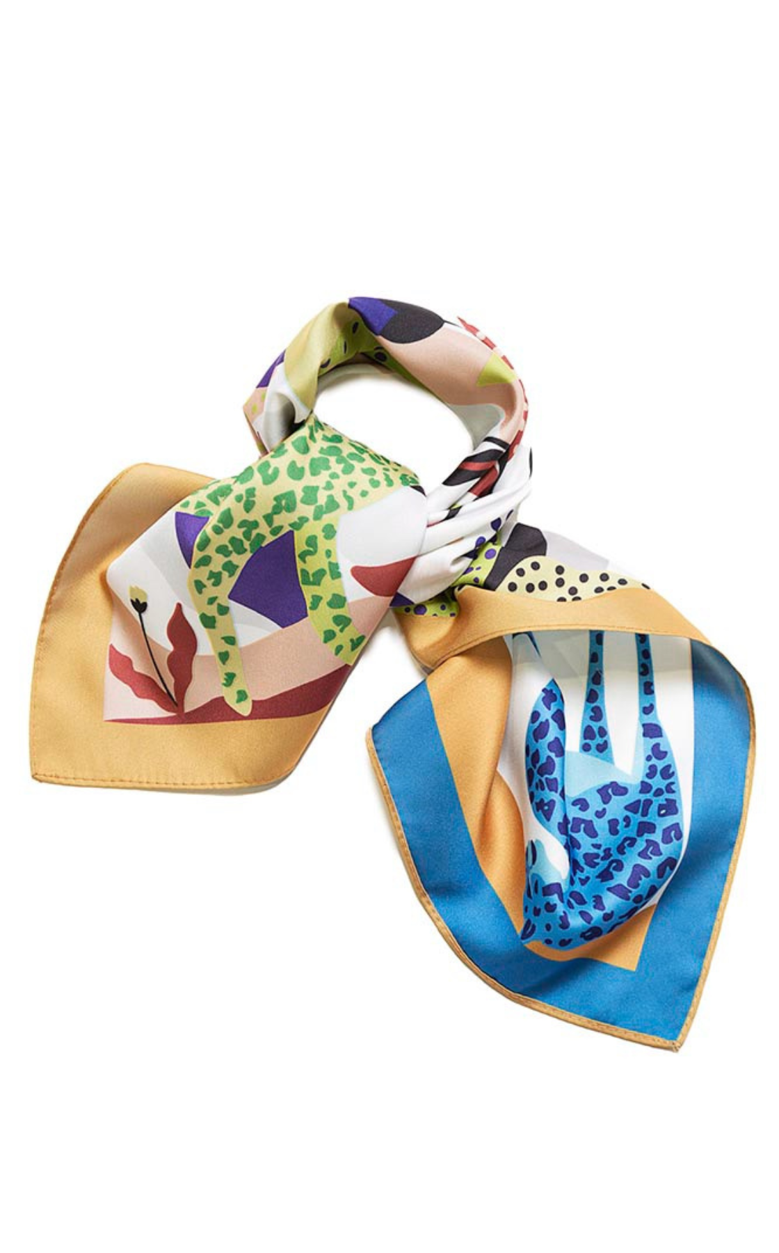 Colorful silk scarf with animal print and abstract patterns, arranged with a knot on a white background.