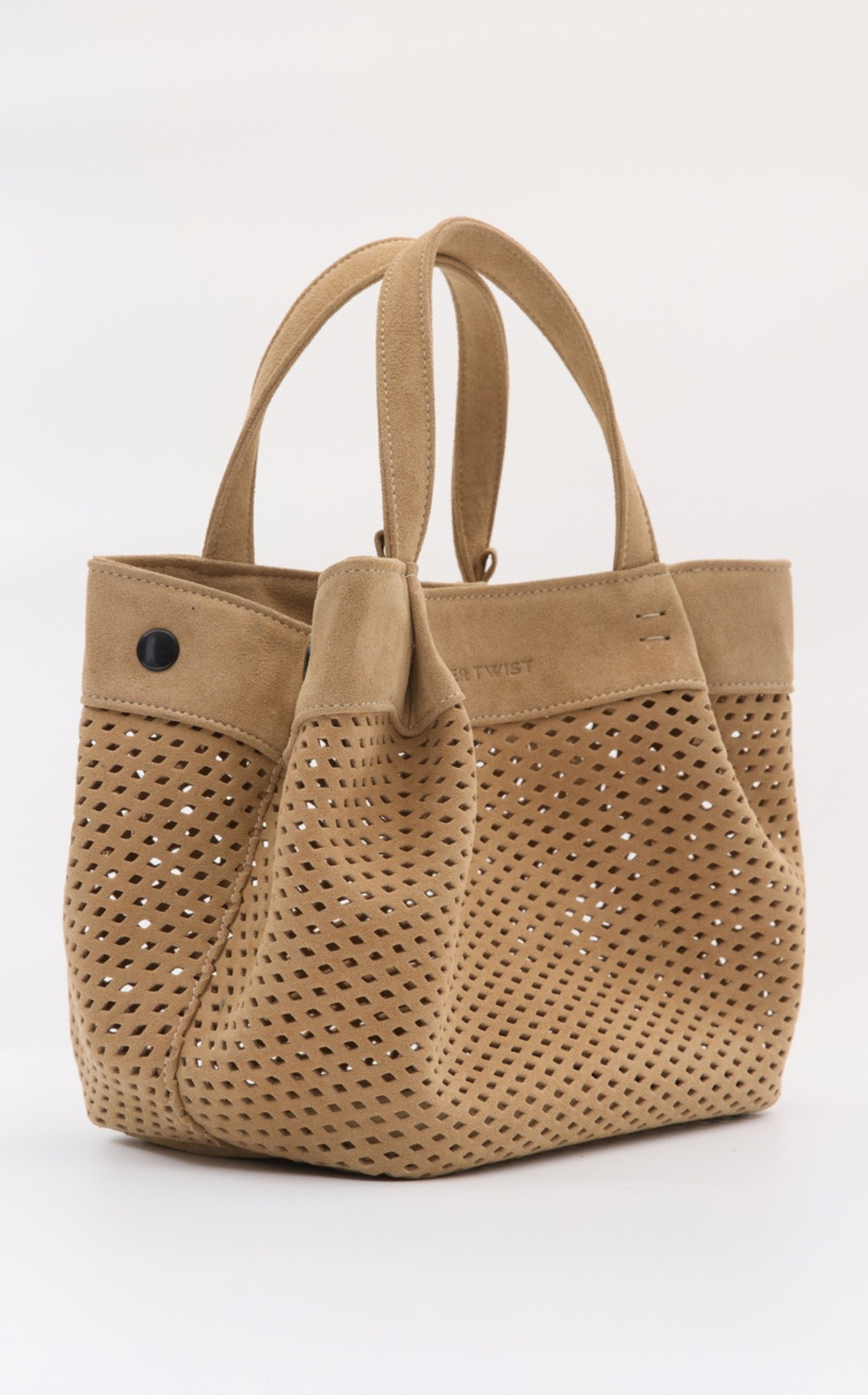 Tan handbag with perforated design and short handles on a white background.