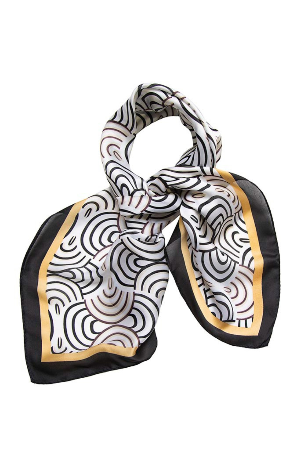 Black and white silk scarf with a swirling pattern and gold border, tied in a knot.