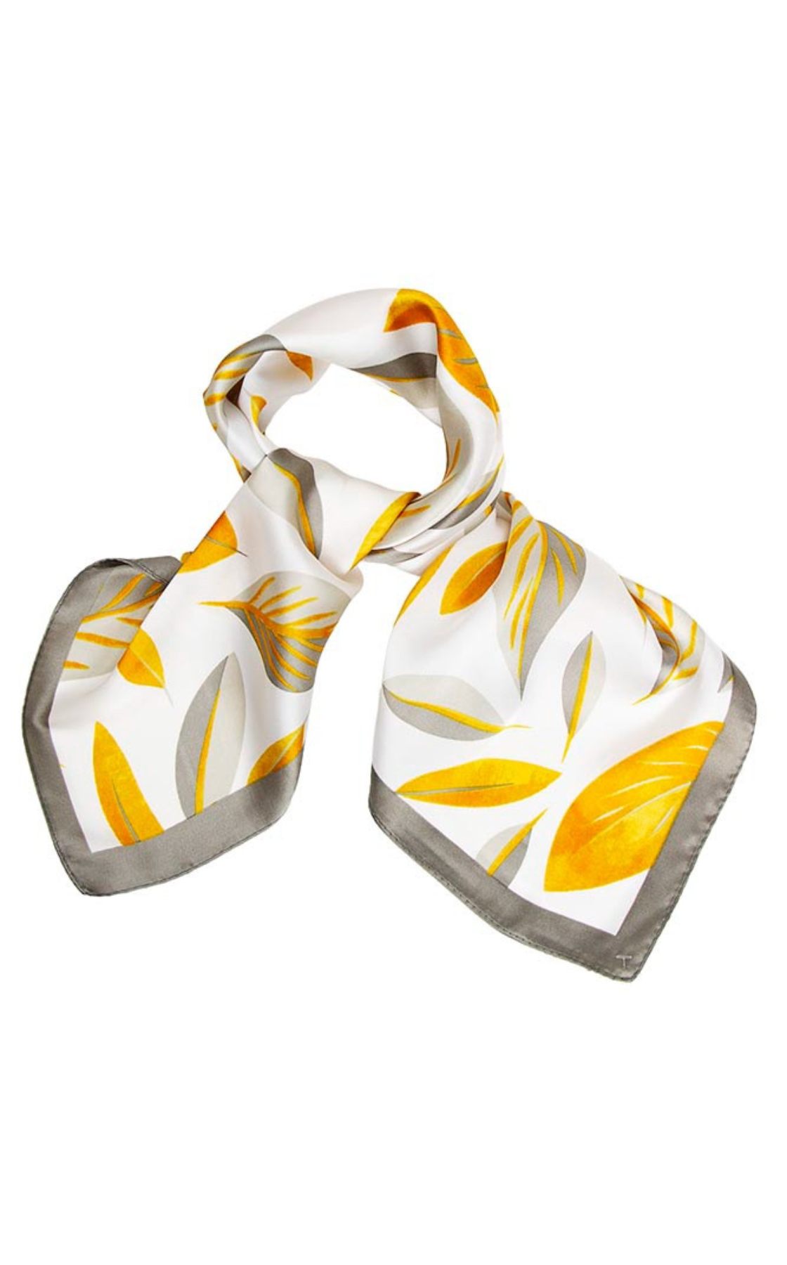 A white silk scarf with yellow and gray leaf patterns and gray border.