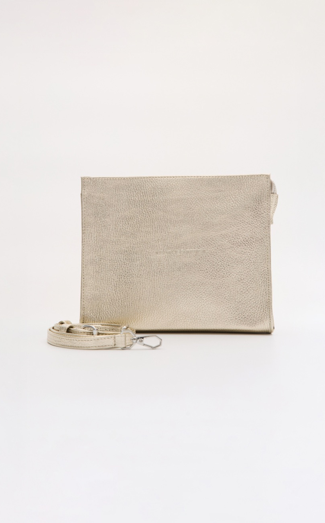A beige textured clutch bag with an attached strap, placed against a plain white background.