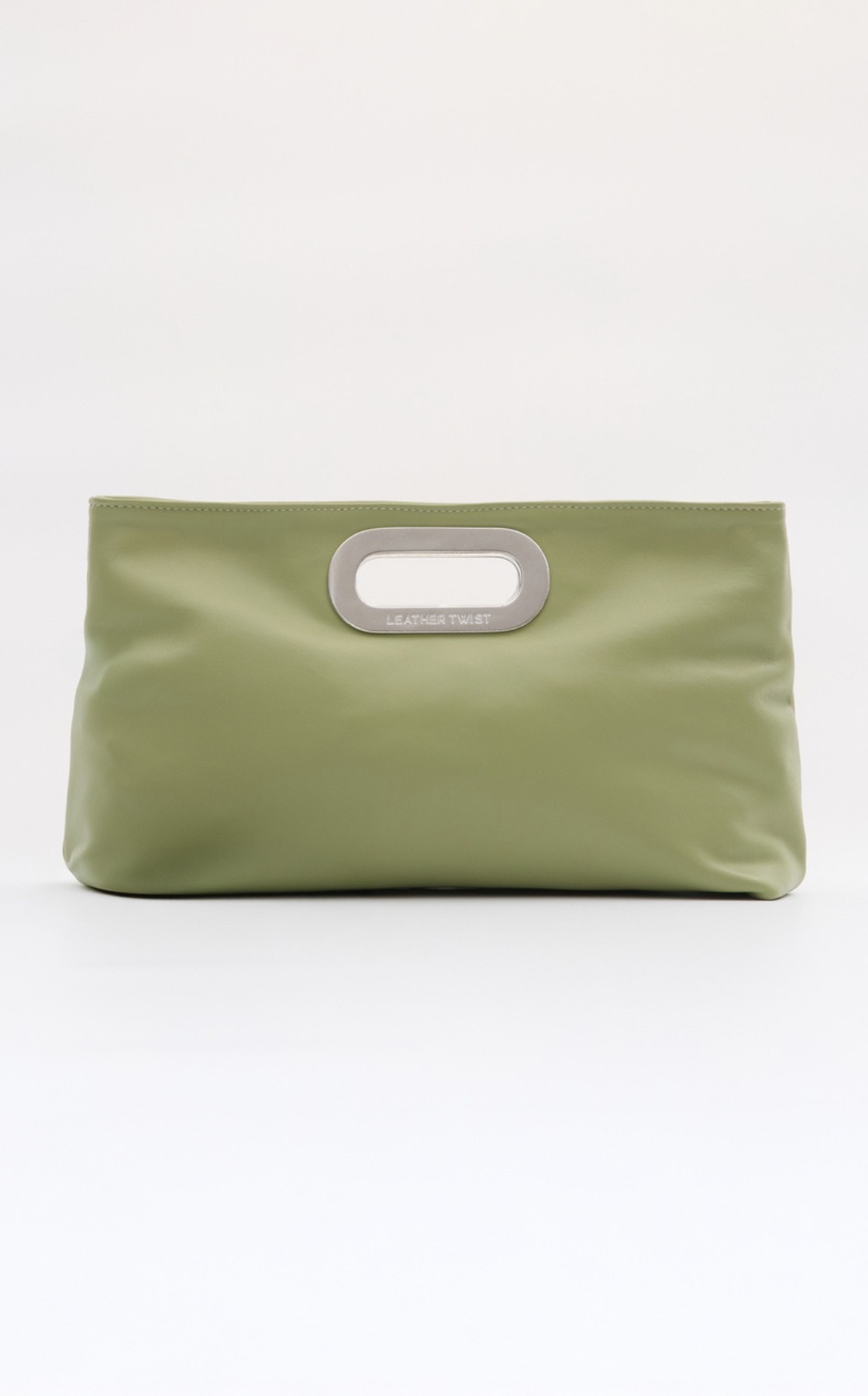 A green leather-like clutch bag with a silver handle labeled "LEATHER TWIST."
